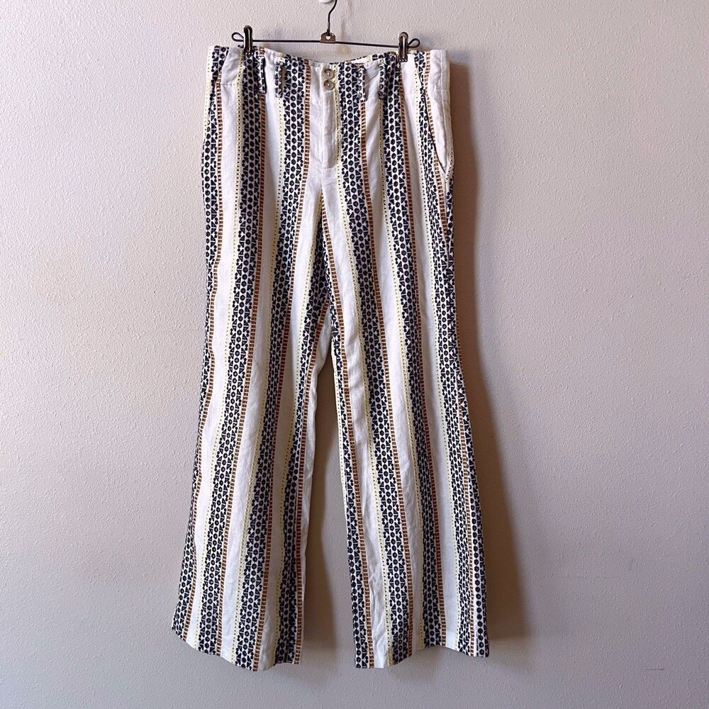 Anthropologie Eyelet Pants 8 Linen Cotton Striped Wide Leg Trousers Boho White - Picture 3 of 8